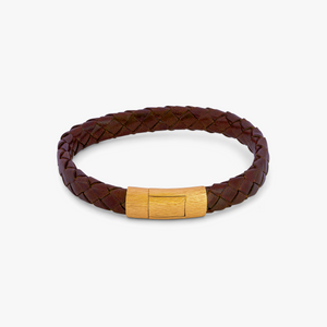 Graffiato Oval Leather Bracelet in Brown with Yellow Gold Plated