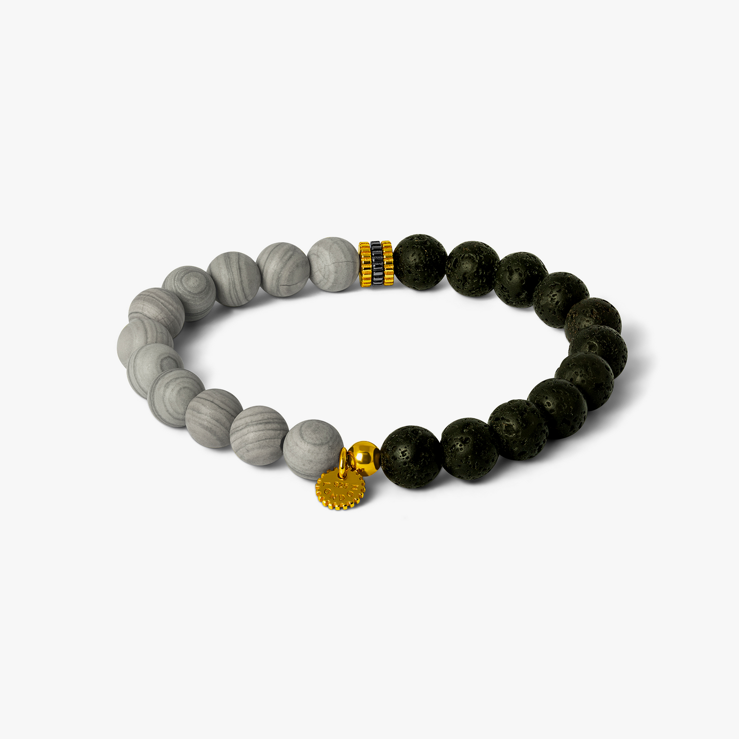 Gear Trio Beaded Bracelet In 18K Yellow Gold Plated Silver With Lava Beads & Grey Wood Jasper