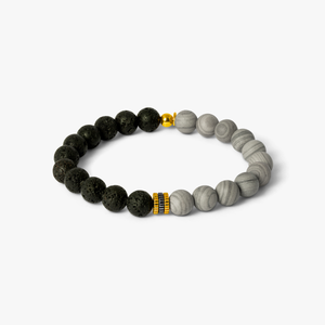 Gear Trio Beaded Bracelet In 18K Yellow Gold Plated Silver With Lava Beads & Grey Wood Jasper