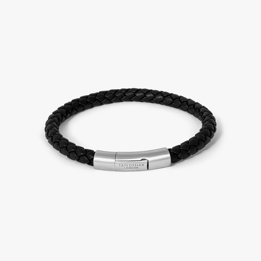 Charles Regalia Black Leather Bracelet With Rhodium Plated Silver