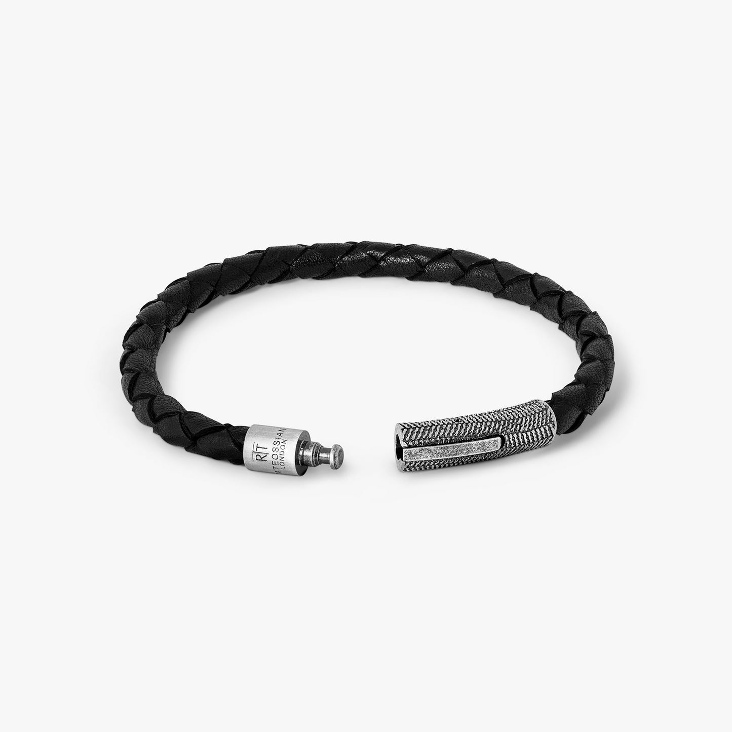 Herringbone Leather Bracelet In Black With Stainless Steel