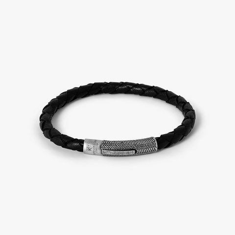 Herringbone Leather Bracelet In Black With Stainless Steel