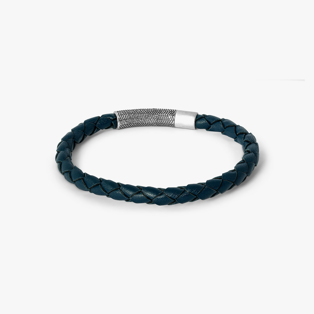 Vintage Herringbone Click Leather Bracelet In Navy With Stainless Steel