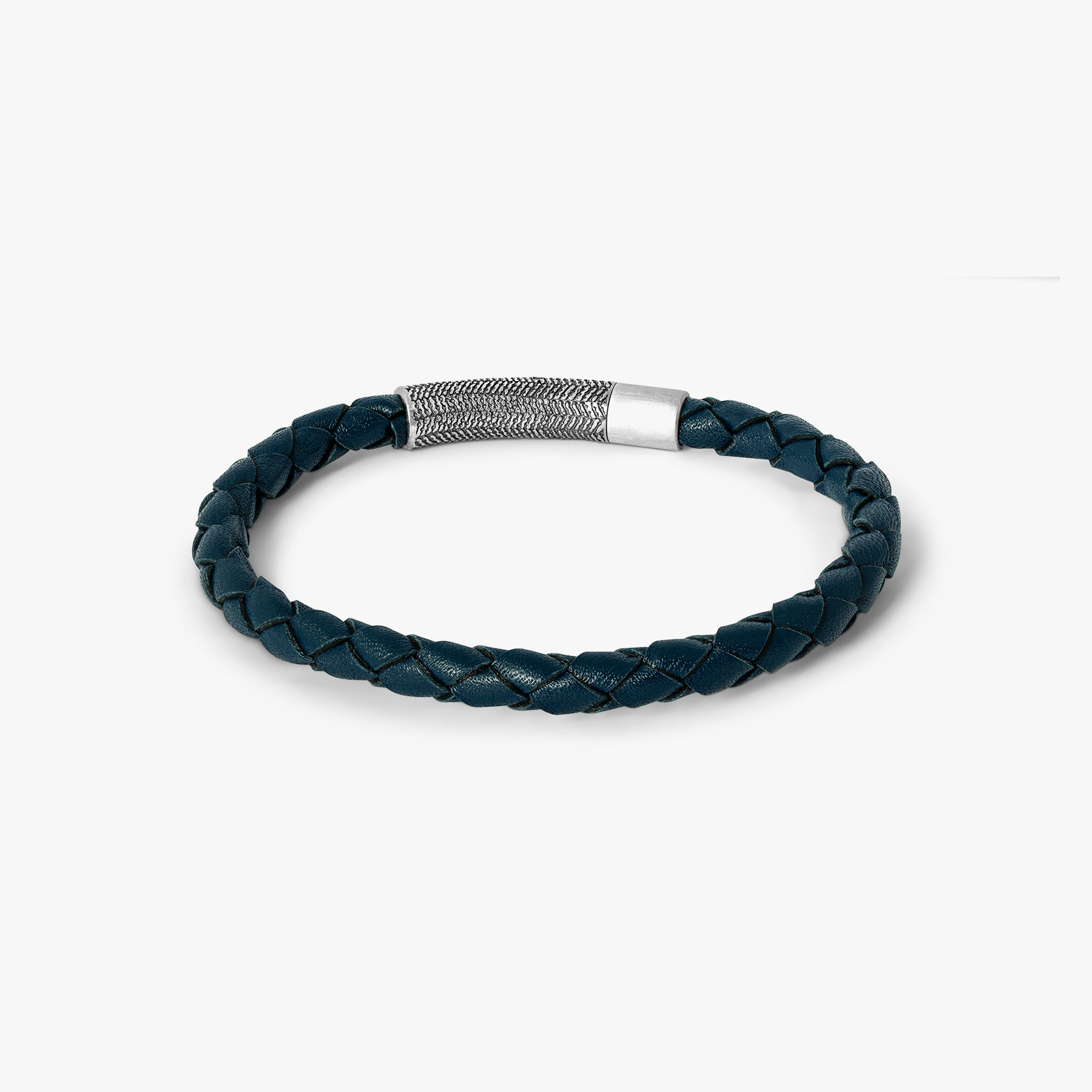 Vintage Herringbone Click Leather Bracelet In Navy With Stainless Steel