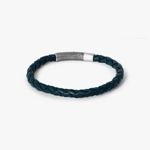 Herringbone Leather Bracelet In Navy With Stainless Steel