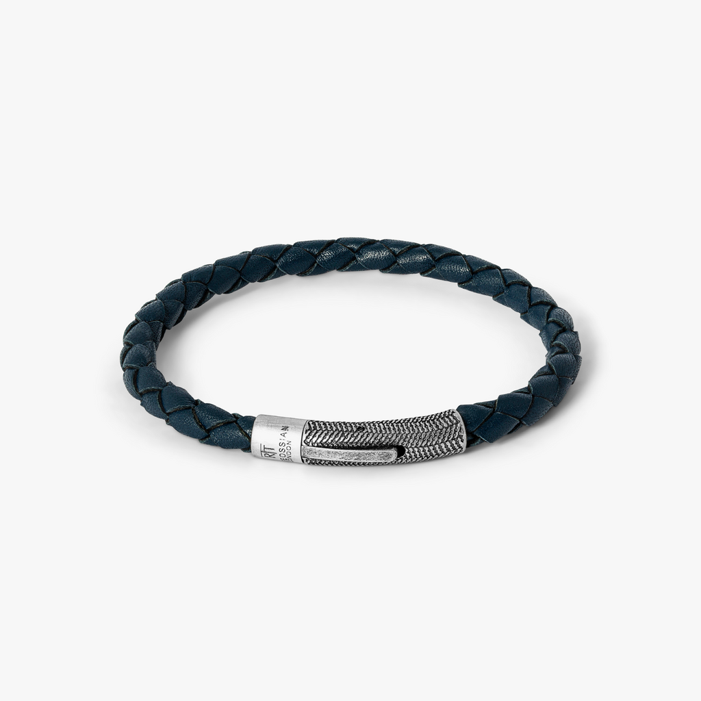 Vintage Herringbone Click Leather Bracelet In Navy With Stainless Steel