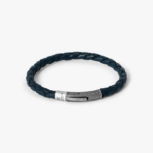 Herringbone Leather Bracelet In Navy With Stainless Steel