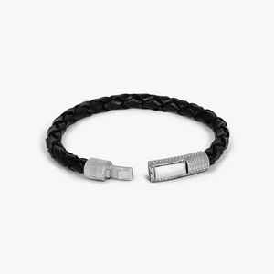 Herringbone Click Pelle Bracelet In Black Leather With Rhodium Plated Silver