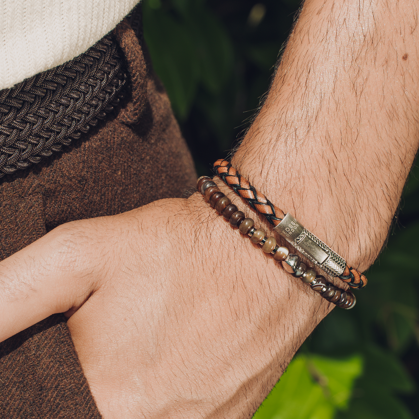 Herringbone Click Pelle Bracelet In Brown Leather With Rhodium Plated Silver