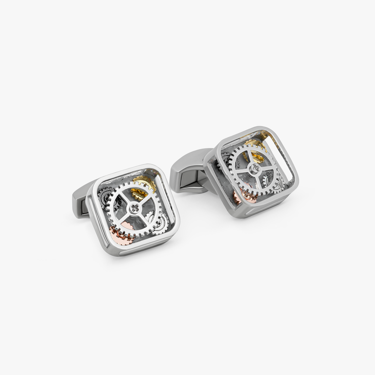 Pop Gears cufflinks with grey enamel in rhodium (UK) 1