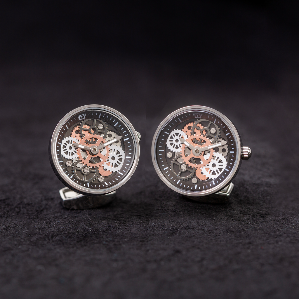Vintage gear watch cufflinks in silver with rhodium-plated steel, featuring visible watch gears and dual quartz movement displays.