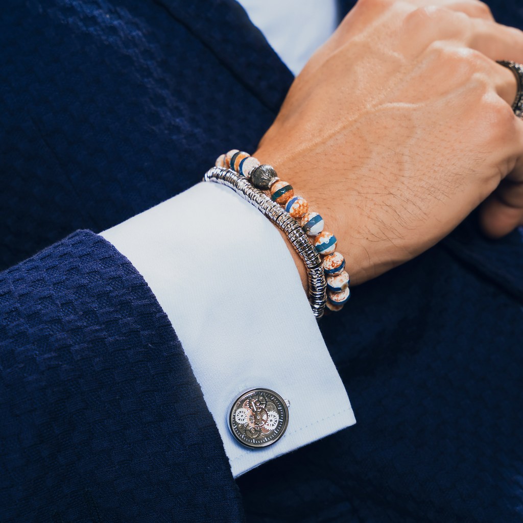 Vintage gear watch cufflinks in silver with rhodium-plated steel, featuring visible watch gears and dual quartz movement displays.