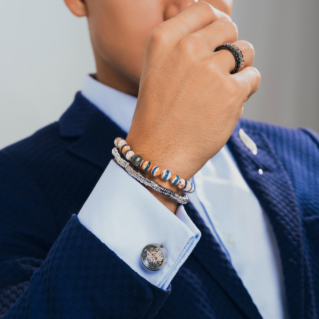 Vintage gear watch cufflinks in silver with rhodium-plated steel, featuring visible watch gears and dual quartz movement displays.