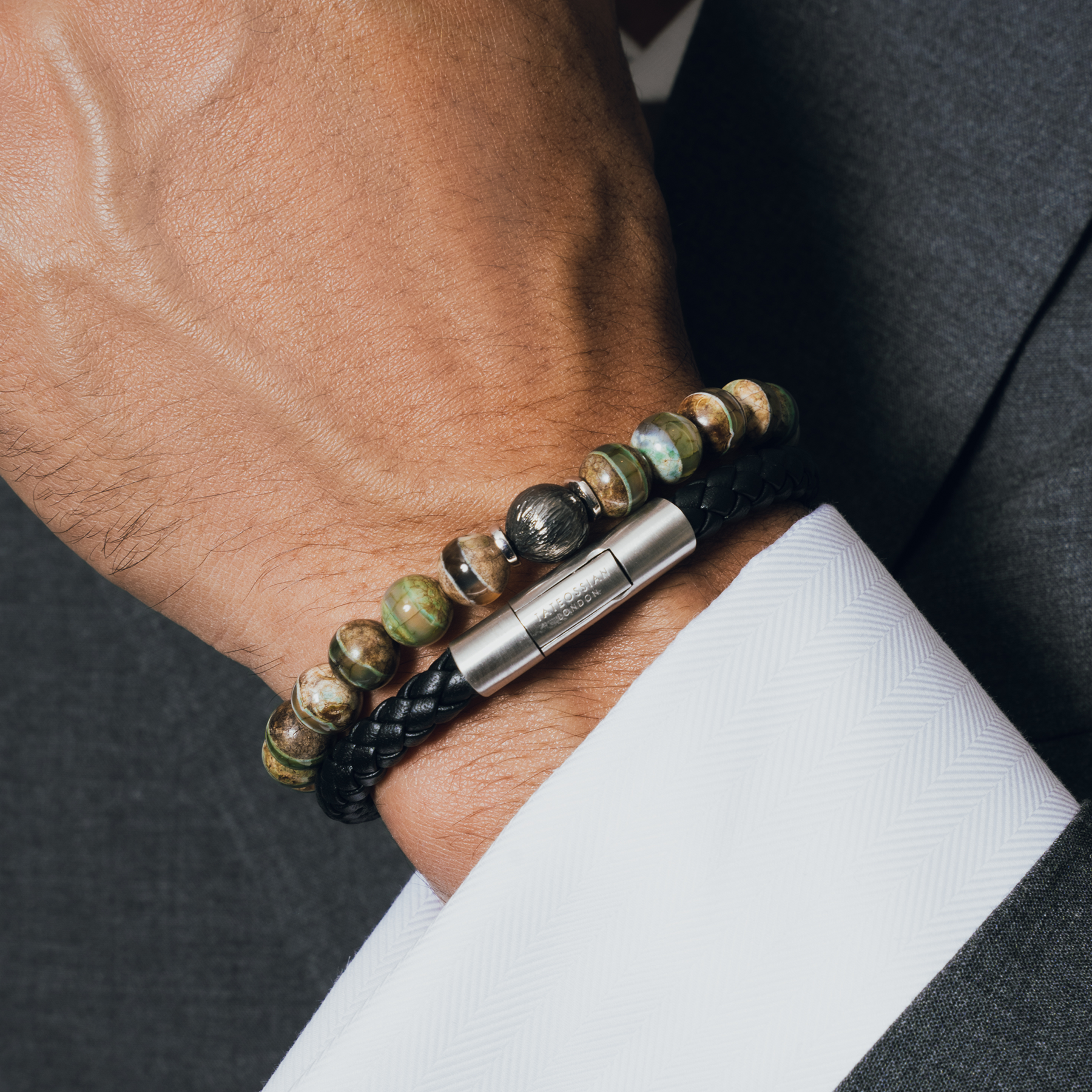 Charles Click Pelle Bracelet In Rhodium & Black Leather – Tateossian Charles Click Pelle Bracelet In Rhodium & Black Leather – Tateossian