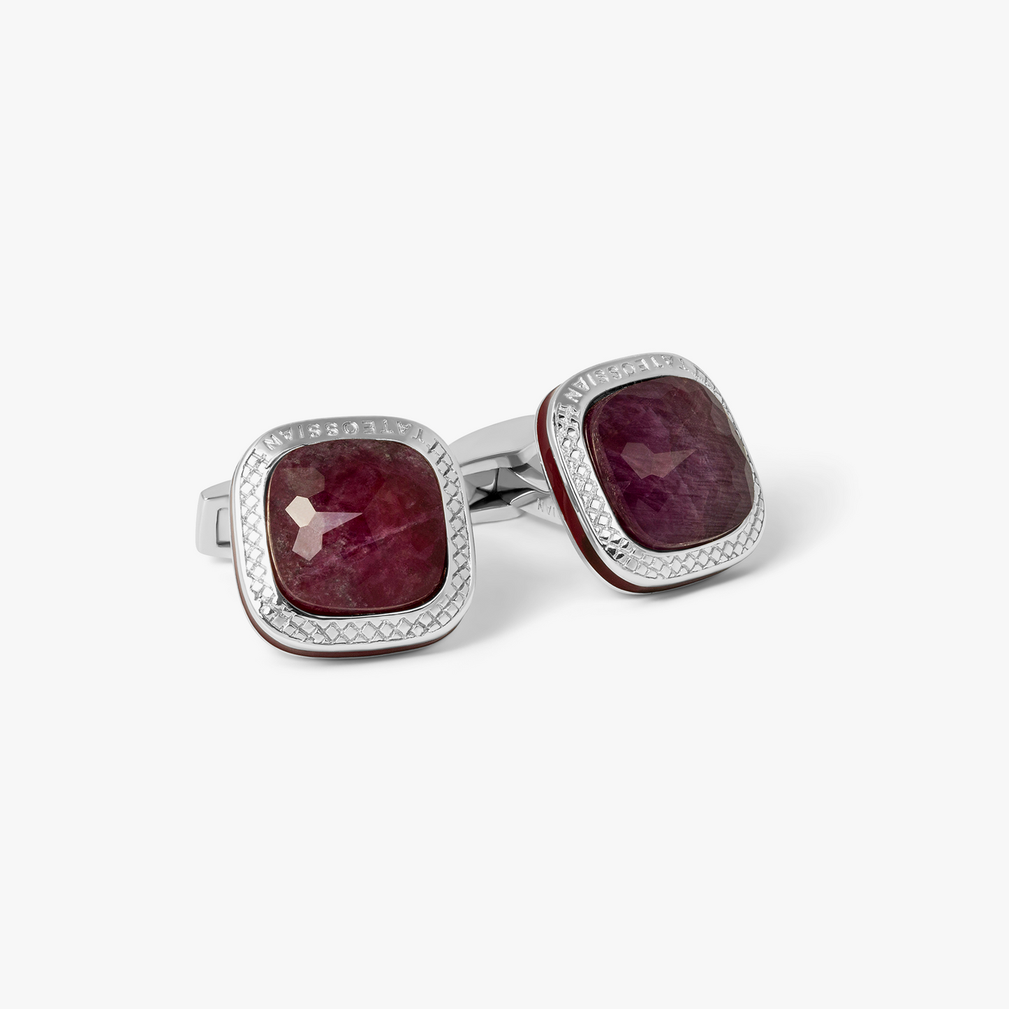 Doppione Cushion Cufflinks With Ruby In Rhodium Silver