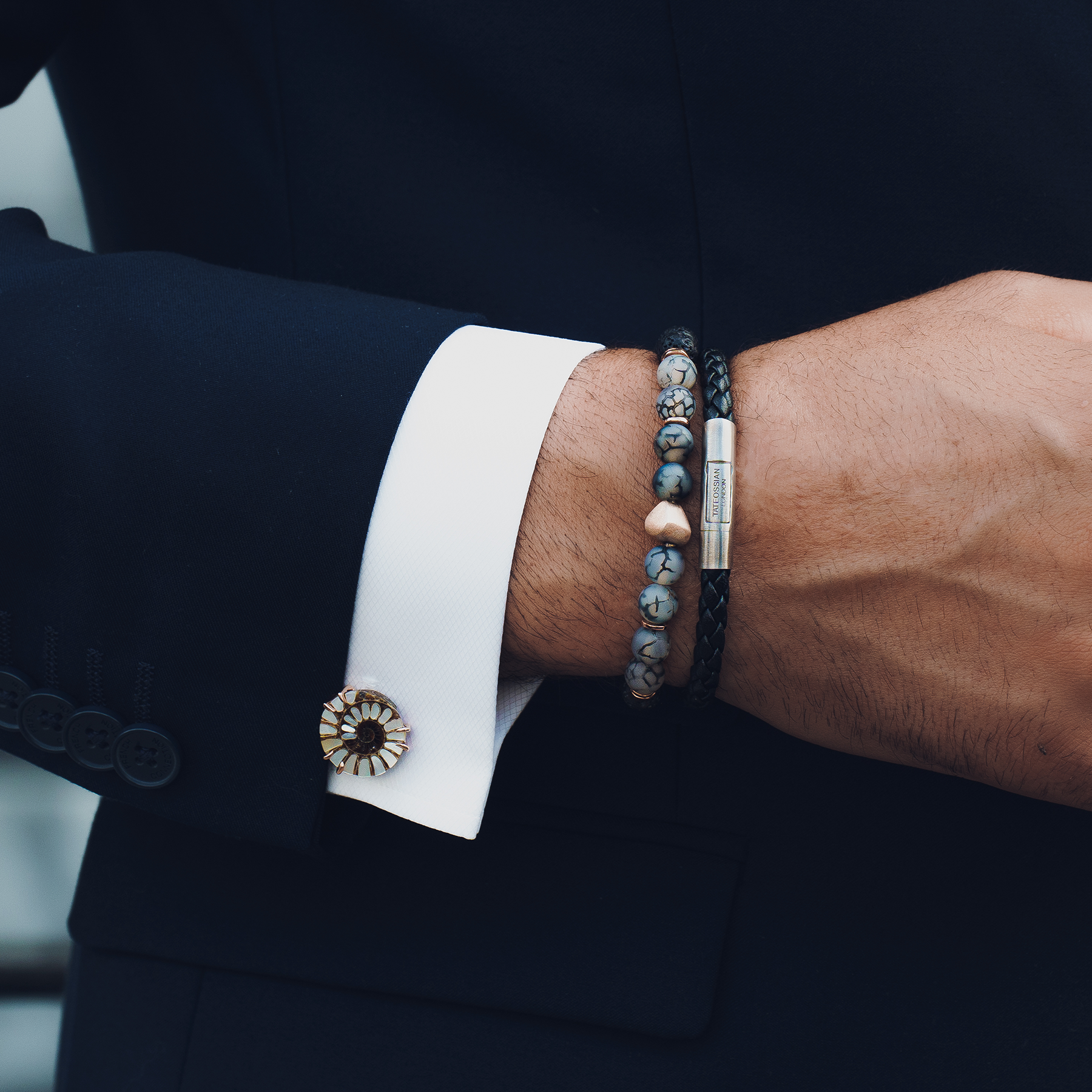 Charles Leather Bracelet In Black, tightly woven Italian leather with rhodium plated sterling silver clasp on wrist