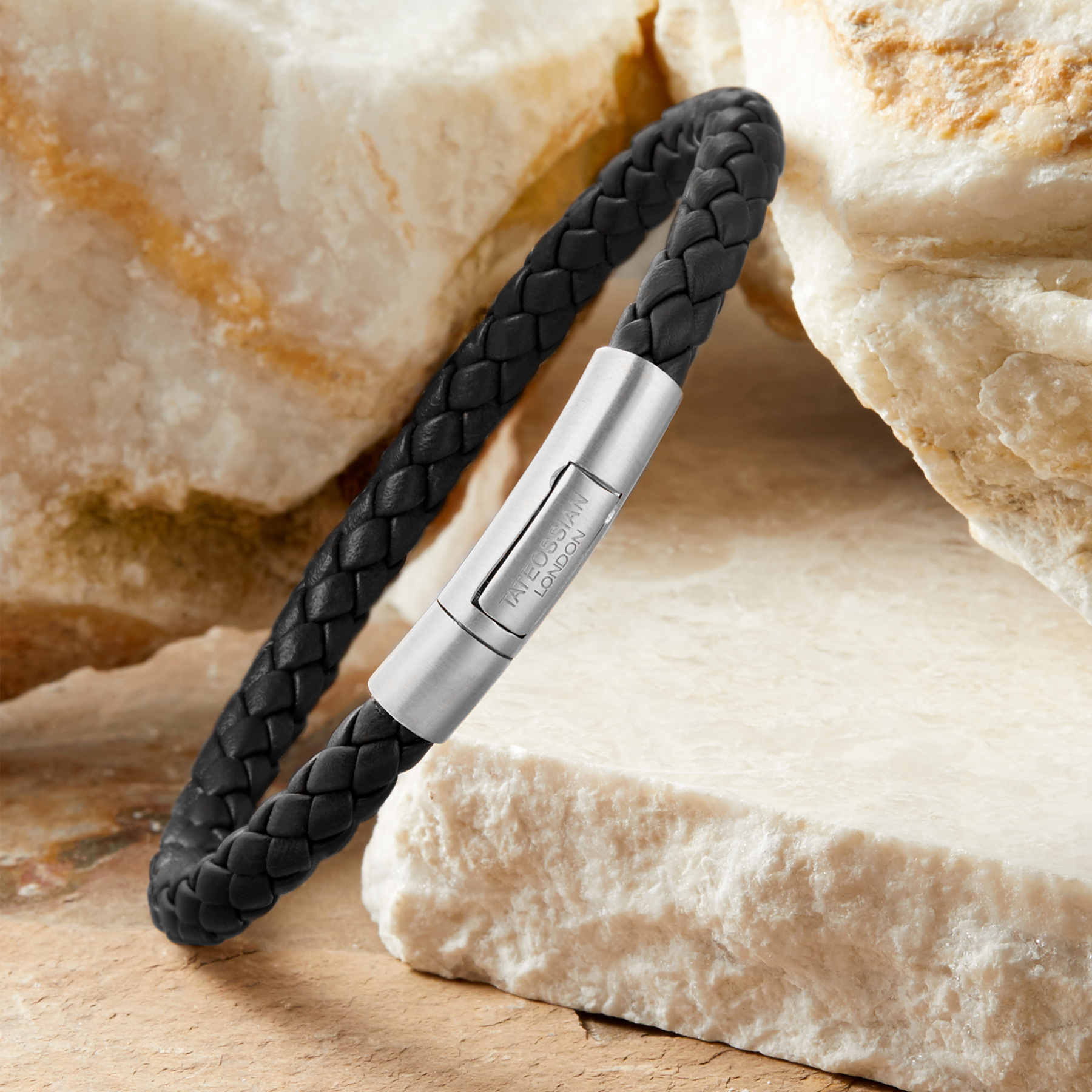 Charles Click Pelle Bracelet In Rhodium & Black Leather – Tateossian Charles Click Pelle Bracelet In Rhodium & Black Leather – Tateossian