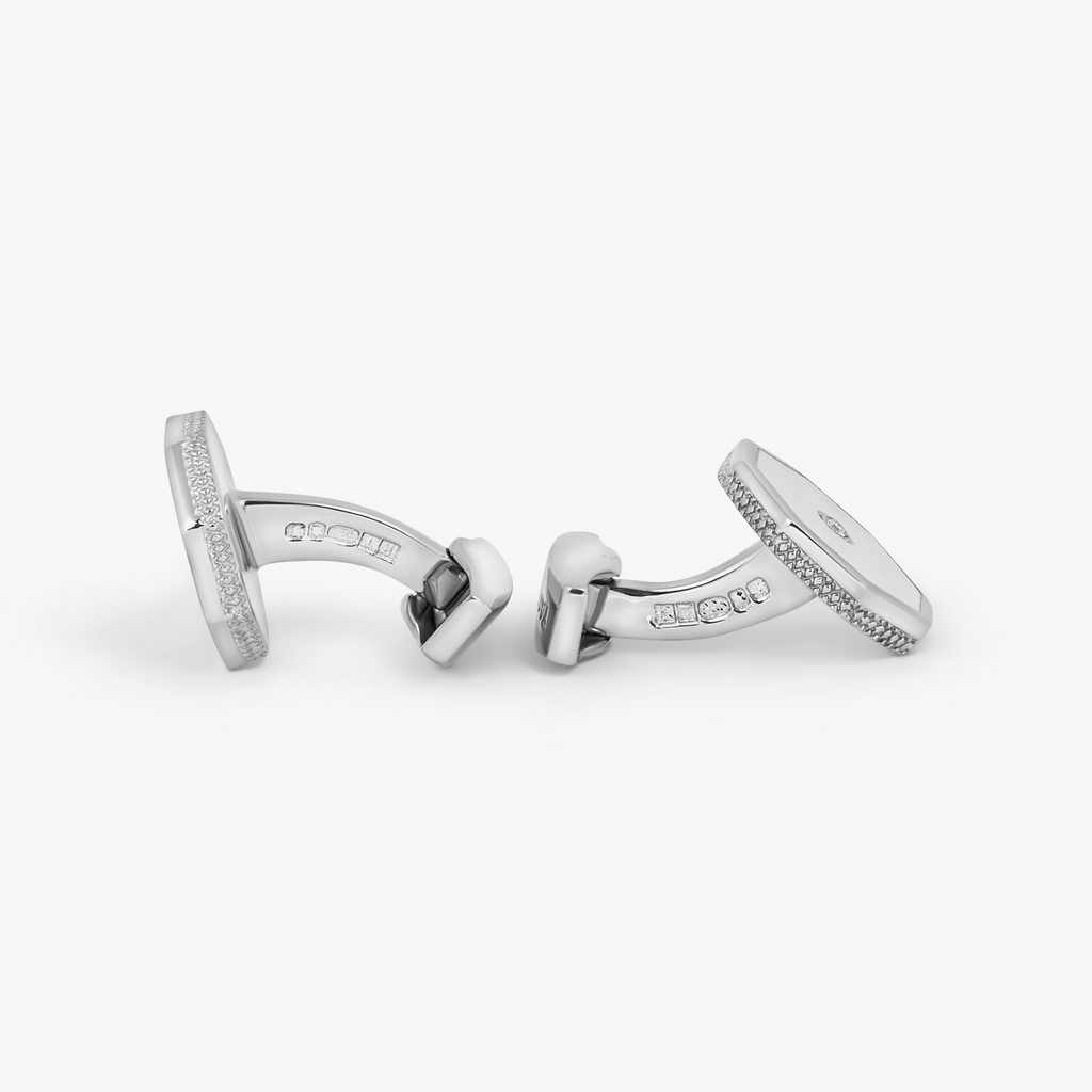 Classic London Eye Cufflinks in Rhodium Plated Silver with White Diamonds and MOP