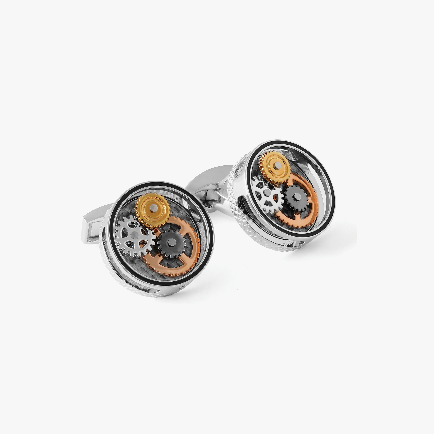 Round Carbon Gear Cufflinks Palladium Plated