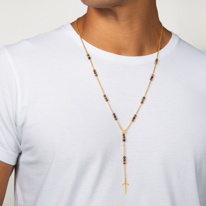 Capri Dagger Rosary Necklace With 18K Yellow Gold Plated Silver & Tiger Eye