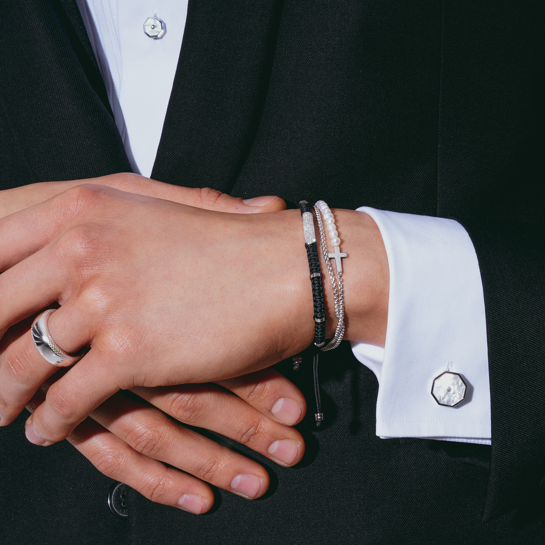 London Eye Cufflinks And Studs Set in Rhodium Plated Silver with White Diamonds and MOP