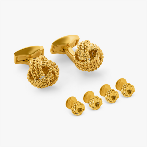Yellow gold plated Ribbed Knot cufflinks and studs set