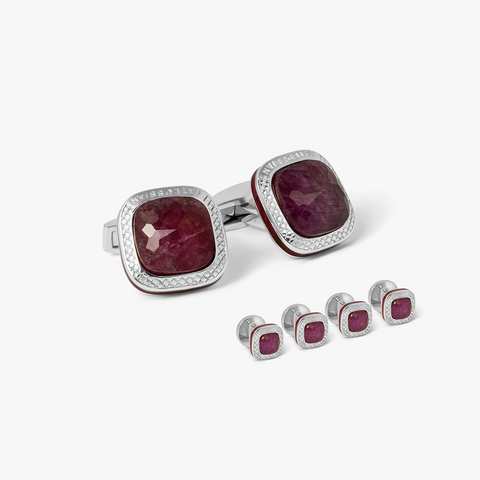 Doppione Cushion Square Cufflinks And Studs Set With Ruby In Rhodium Silver      