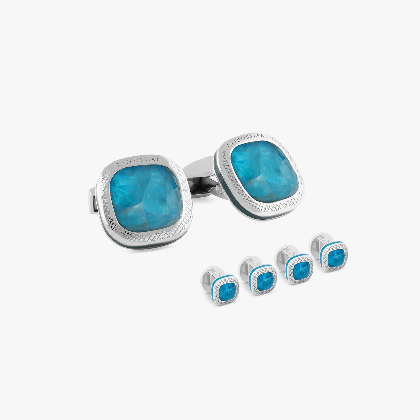 Apatite Doppione Cushion Cufflinks And Shirt Studs Set In Rhodium Silver