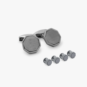 Black Rhodium Plated Silver Brushed London Eye Cufflinks & Shirt Studs Set