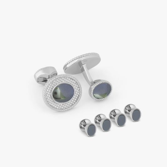 Cabochon Cufflinks And Studs Set With Grey Hematite In Rhodium Silver