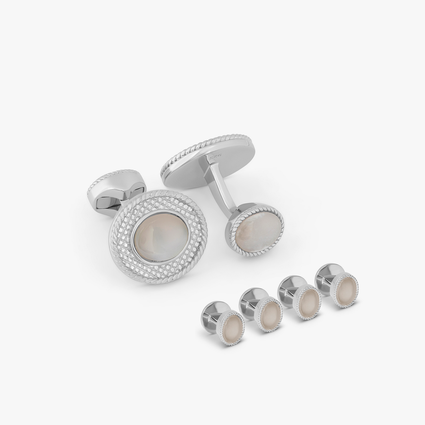 Cabochon Cufflinks And Studs Set With White Moonstone In Rhodium Silver         