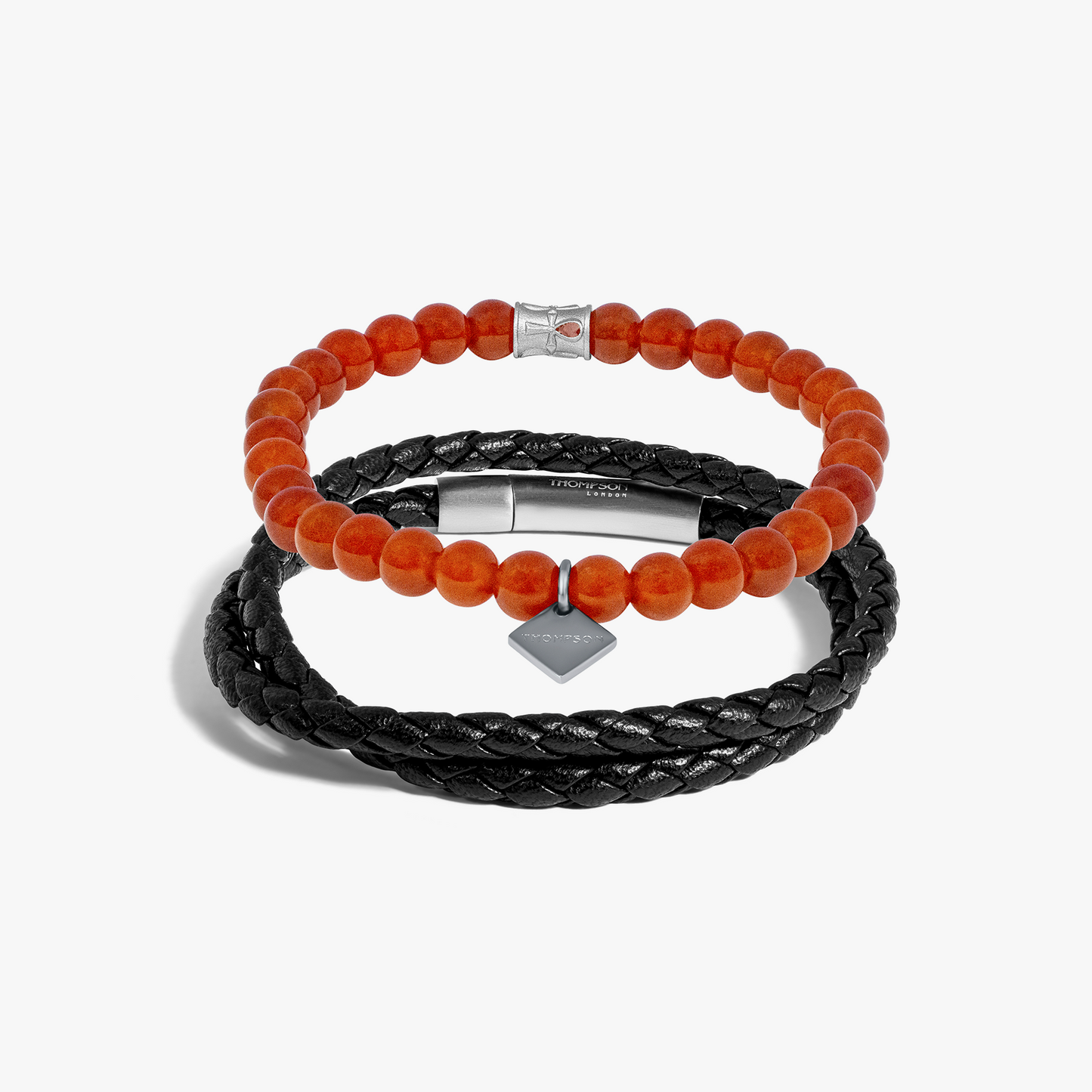 THOMPSON Red Carnelian Stainless Steel Ankh Duo Bracelet