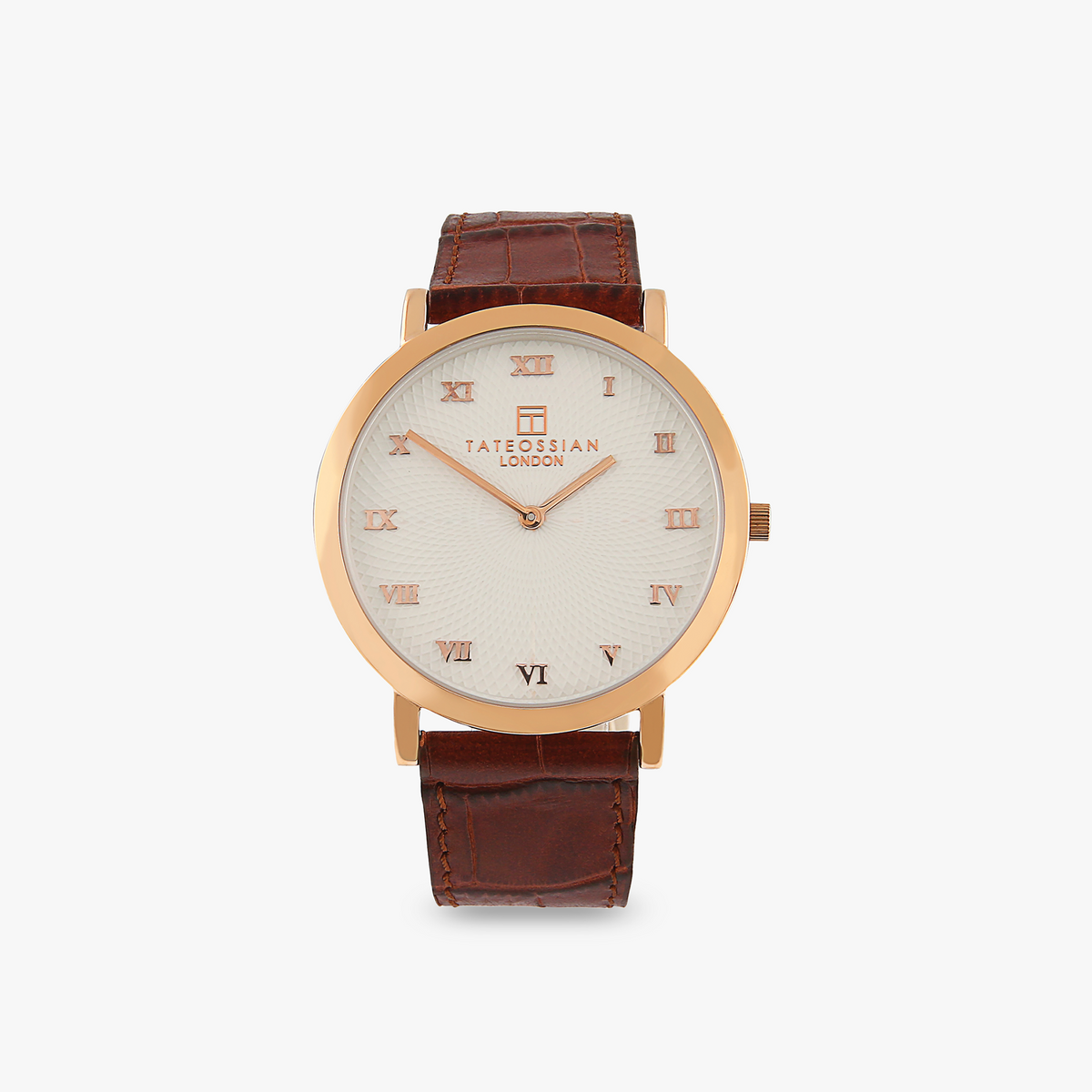 Rotondo Guilloche Ultra Slim Leather Watch Brown Rose Gold Plated