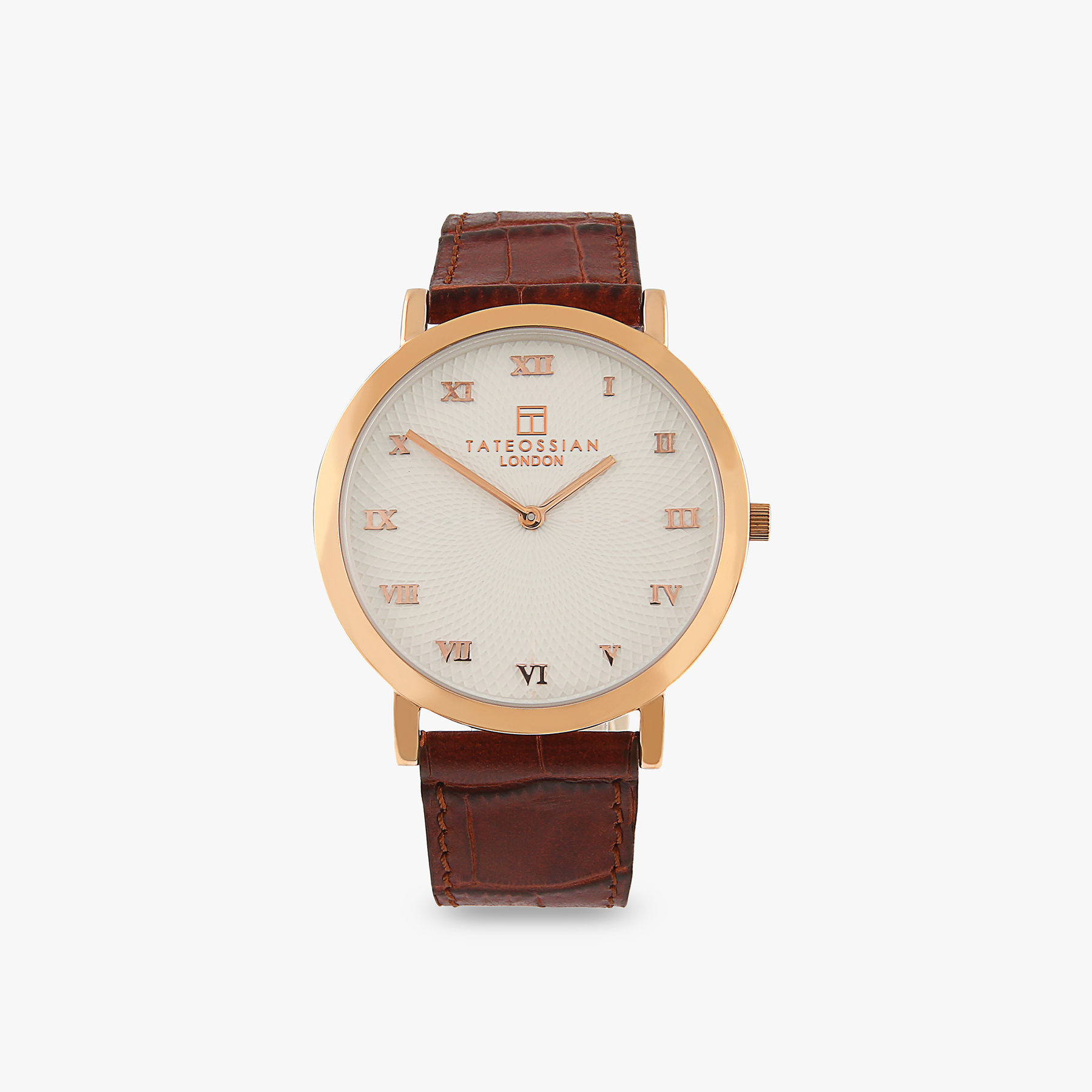 Rotondo Guilloche Ultra Slim Leather Watch Brown Rose Gold Plated