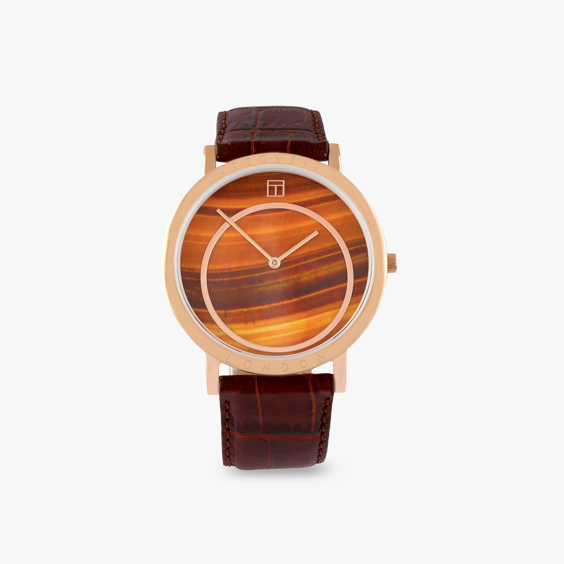 Prezioso Leather Watch Brown Tiger Eye Rose Gold Plated Steel